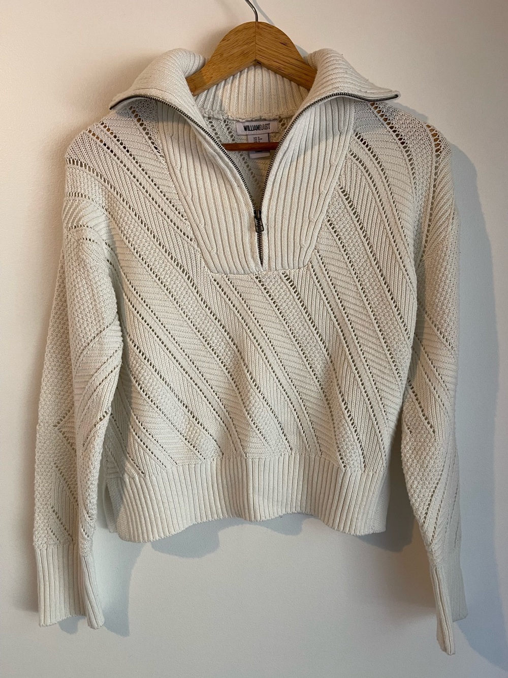 William Rast Cream White Quarter Zip Knit Sweater Pointelle Open Knit Size Small
